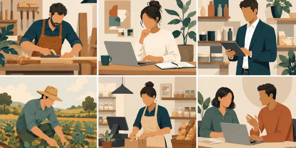 Ilustración que representa los seis tipos de autónomos reconocidos en España: persona física, societario, colaborador, TRADE, agrario y socio de cooperativa