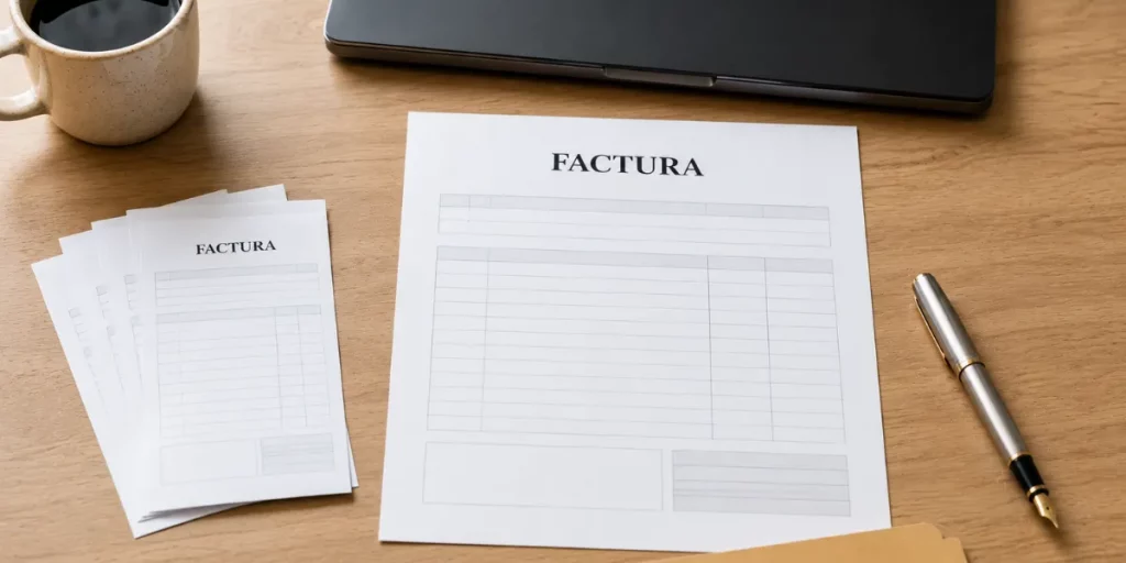 Factura grande junto a otras más pequeñas sobre un escritorio de freelance que representa al autónomo TRADE con un cliente principal mayoritario