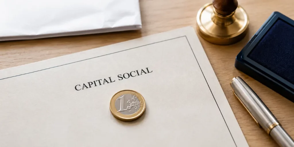 Moneda de un euro sobre un documento de constitución de sociedad limitada con la mención al capital social