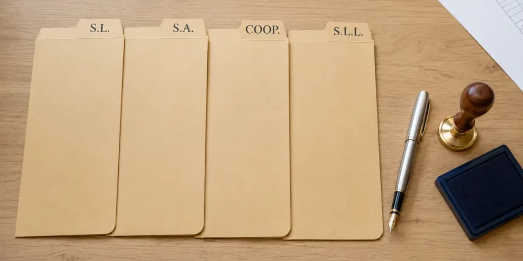 Cuatro carpetas archivadoras etiquetadas SL, SA, Cooperativa y Sociedad Laboral sobre un escritorio de despacho de asesoría