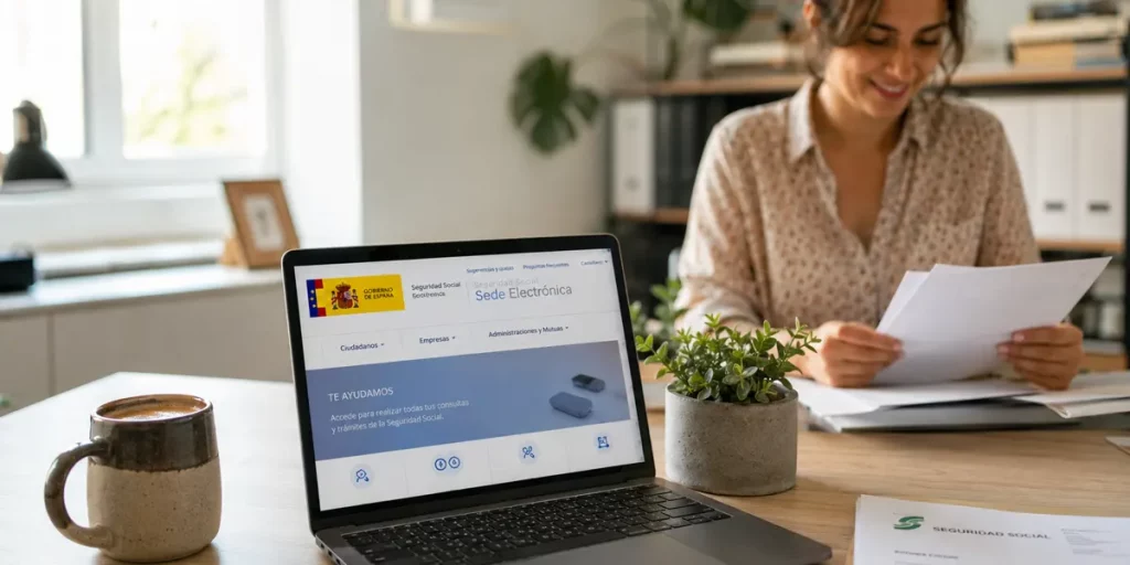 Autónoma revisando en su ordenador la solicitud de cuota cero para autónomos en 2026