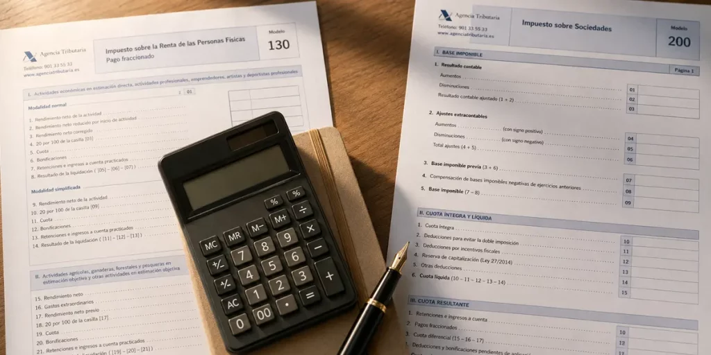 Documentos del IRPF y del Impuesto sobre Sociedades sobre una mesa, comparando la fiscalidad del autónomo y la SL en 2026