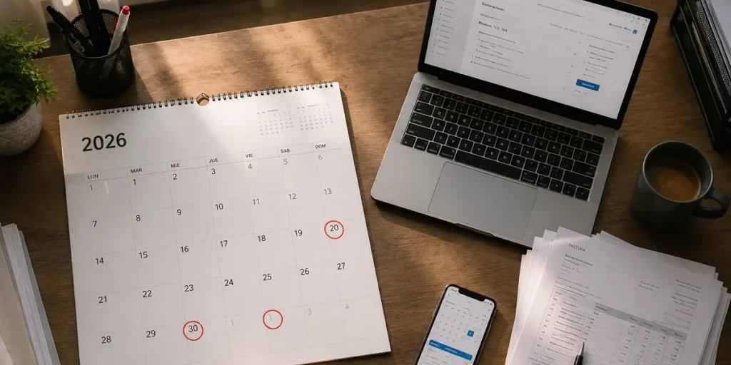 Calendario de 2026 con las fechas de impuestos marcadas junto a un portátil en la web de la Agencia Tributaria